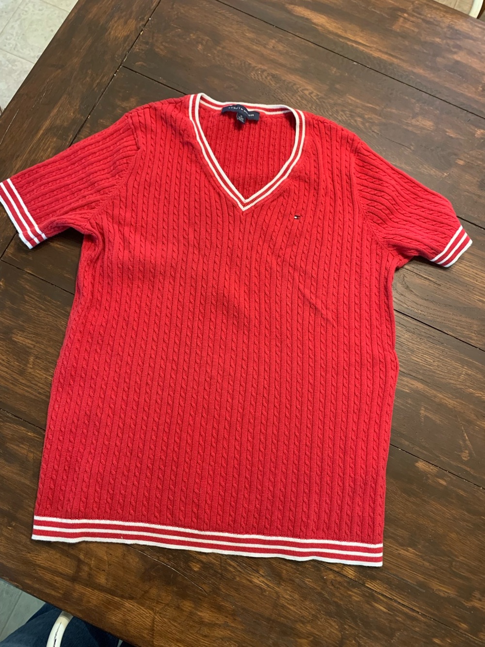 Tommy Hilfiger Red V-Neck Cable Knit Sweater with White Trim